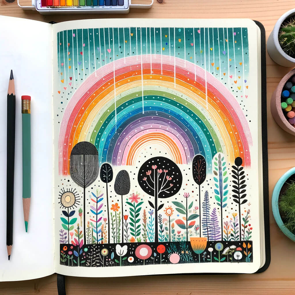 Easy Rainbow Scenery Drawing with Oil Pastel