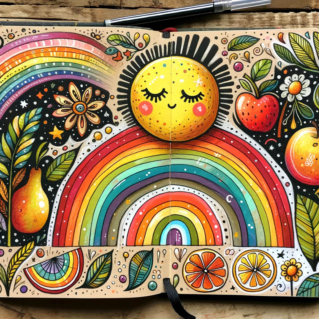 Vibrant Fruit and Rainbow Sketch Idea